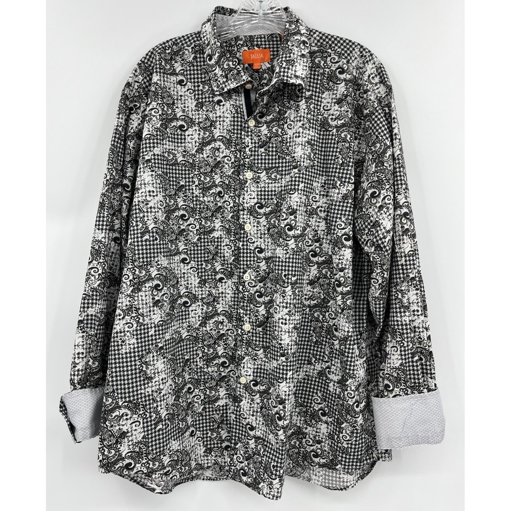 Tallia Size XL 17.5 Black Paisley Houndstooth Button Up Shirt Flip Cuff